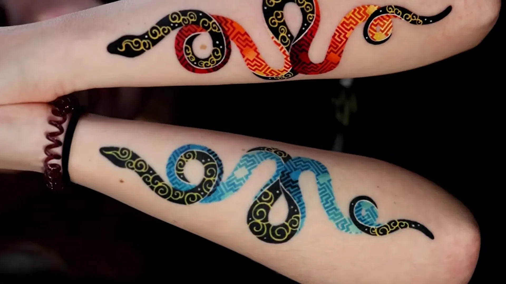 Snake Tattoo _ Healed Blue & Fresh Red